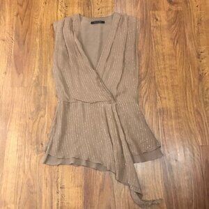 Black Halo Taupe Gold Metallic-Striped Silk Wrap Blouse